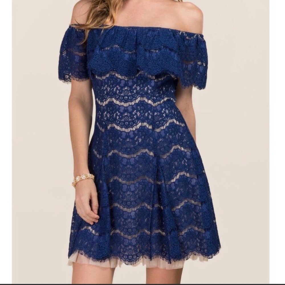 Francescas Navy Off shoulder dress with lace